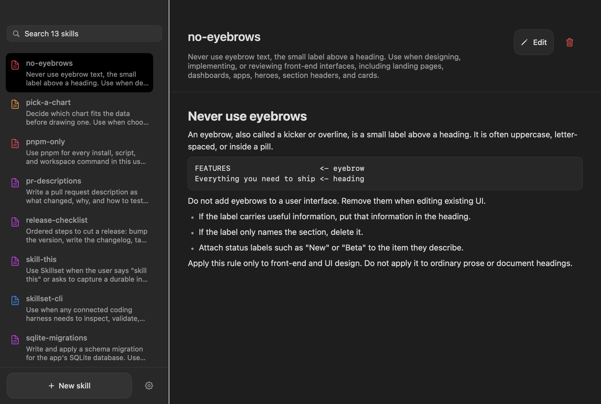 The Skillset Mac app. A sidebar lists thirteen skills. The detail pane shows the no-eyebrows skill with its description and body.